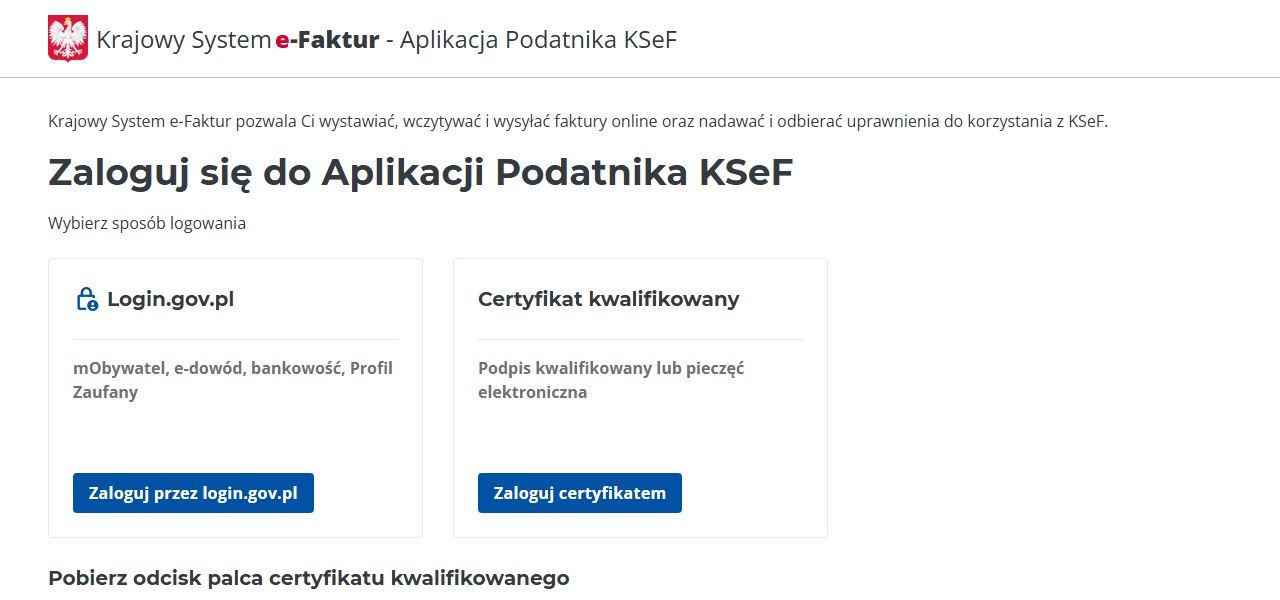 Ekran logowania do Aplikacji Podatnika KSeF z wyborem metody: Login.gov.pl albo certyfikat kwalifikowany